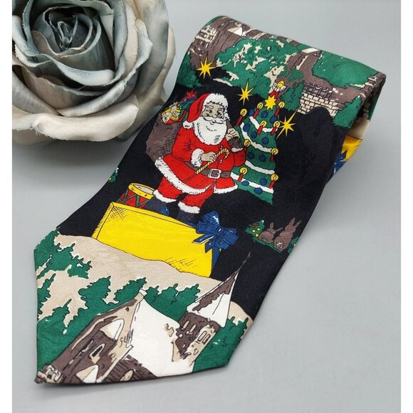 Christmas Holiday Mens Neck Tie 100% Silk Santa Bringing Gifts Black Background - Picture 1 of 6